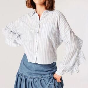 Pilcro Anthropologie Striped Ruffle Button Up Shirt  Relaxed Boxy Fit Cropped M